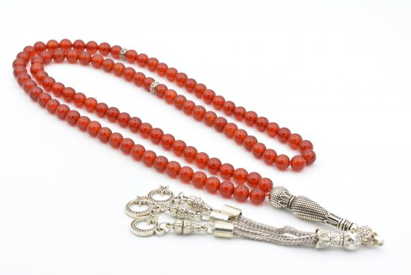 Gümüş Kaplama Püsküllü Küre Kesim 99 luk Kırmızı Akik Tesbih ürün görseli 1