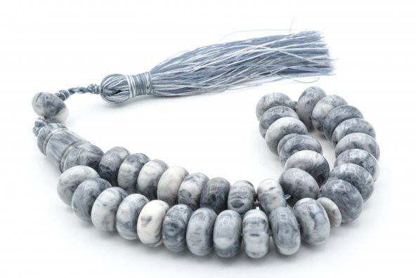 Zeyn Usta İşi Basık Model Koyu Gri Beyaz Katalin Tesbih 010 - Resim 3