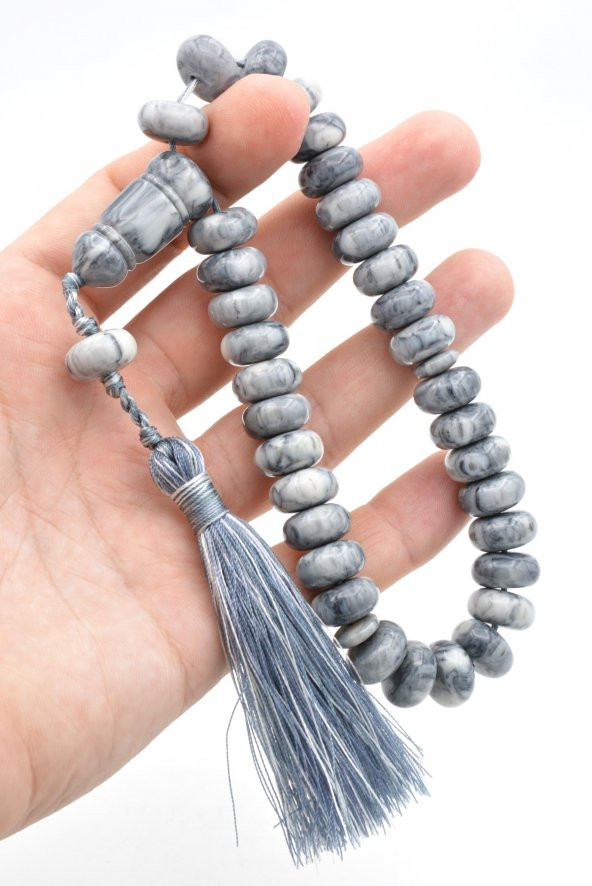 Zeyn Usta İşi Basık Model Koyu Gri Beyaz Katalin Tesbih 010 - Resim 4