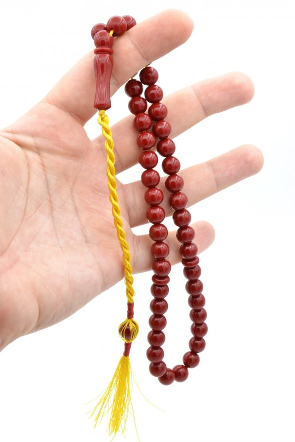 Usta İşi Sistemli Küre Kesim 45 lik Koyu Kırmızı Sıkma Kehribar Tesbih - Resim 4