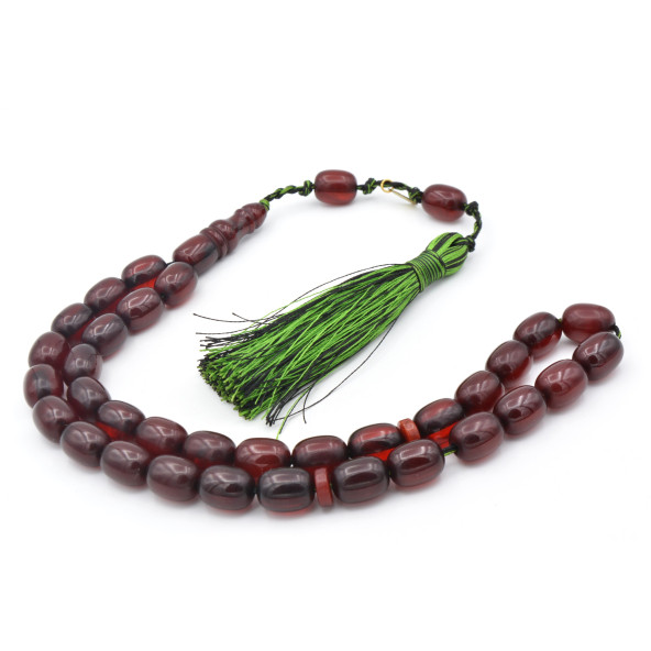 Hakkı Usta İmzalı Kapsül Kesim Osmanlı Model Bordo Sıkma Kehribar Tesbih - Resim 2