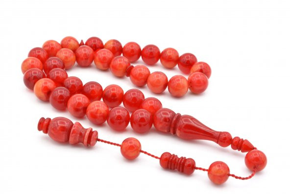 Usta İşi Sistemli Küre Kesim Hareli Kırmızı Toz Pres Kehribar Tesbih 12 MM ürün görseli 1