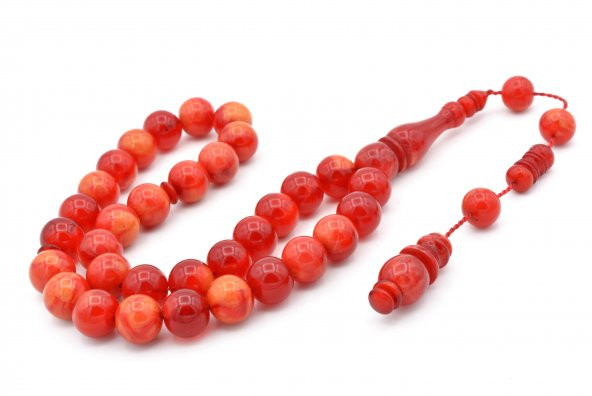 Usta İşi Sistemli Küre Kesim Hareli Kırmızı Toz Pres Kehribar Tesbih 12 MM - Resim 2