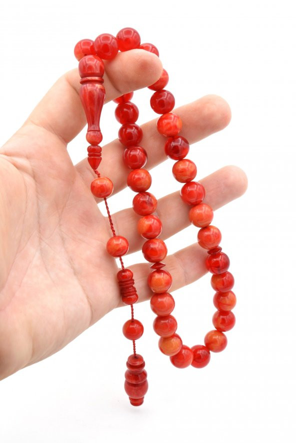 Usta İşi Sistemli Küre Kesim Hareli Kırmızı Toz Pres Kehribar Tesbih 12 MM - Resim 4