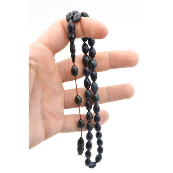 Hakkı Usta İmzalı Beyzi Kesim Lacivert Sıkma Kehribar Tesbih - Resim 3