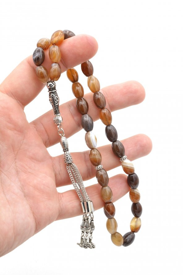 Hakiki Doğal Arpa Kesim Kahverengi Akik Tesbih 1.Kalite Doğal Taş - 4
