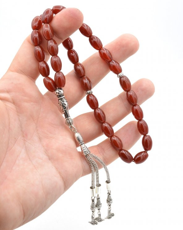 Hakiki Doğal Arpa Kesim Kırmızı Akik Tesbih 1.Kalite Doğal Taş - 4