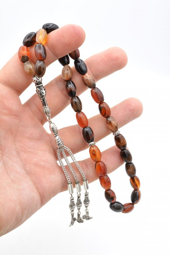 Hakiki Doğal Arpa Kesim Çizgili Akik Tesbih 1.Kalite Doğal Taş - 4