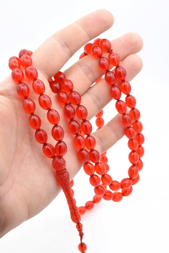 Usta İşi Sistemli Beyzi Kesim 99 luk Kırmızı Toz Pres Kehribar Tesbih 002 - Resim 4