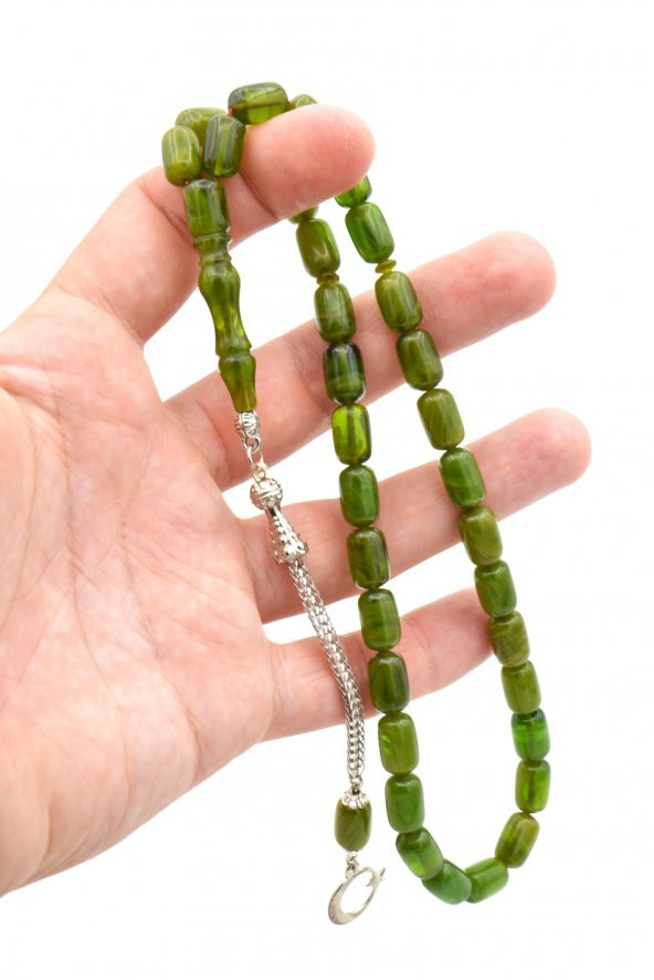 Kamçılı Kapsül Kesim Hareli Yeşil Sıkma Kehribar Tesbih 071 - Resim 4