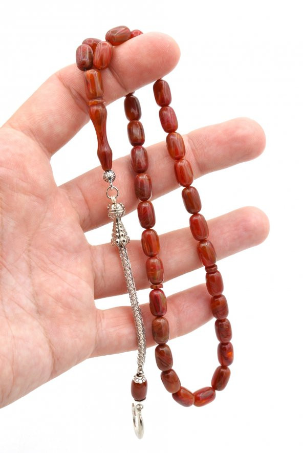 Kamçılı Kapsül Kesim Hareli Kırmızı Sıkma Kehribar Tesbih 070 - Resim 4