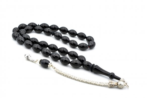 TİLKİ KUYRUĞU KAMÇILI BEYZİ KESİM SİYAH SIKMA KEHRİBAR TESBİH 055 ürün görseli 1