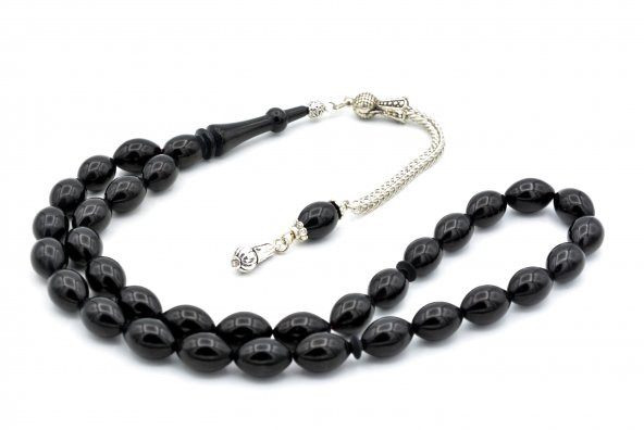 TİLKİ KUYRUĞU KAMÇILI BEYZİ KESİM SİYAH SIKMA KEHRİBAR TESBİH 055 - Resim 3