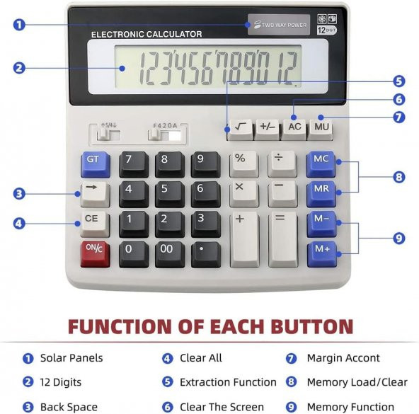 Valkyrie Dexin DS-200ML Büyük Boy Klavye Tuşlu Hesap Makinesi 16cm Çift Enerjili - 6