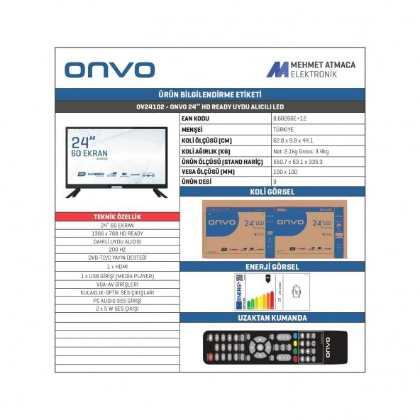 Onvo OV24102 HD 24" 61 Ekran Uydu Alıcılı LED TV - 2