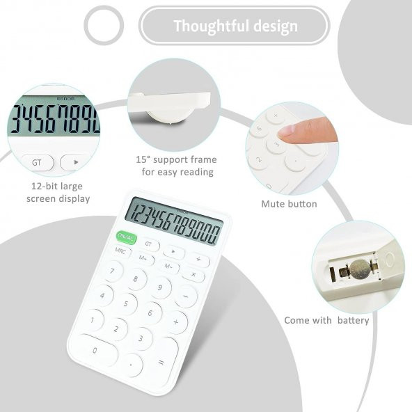 Valkyrie Junno Sevimli Yuvarlak Tuşlu 12 Basamaklı Masaüstü Hesap Makinesi Beyaz - 9