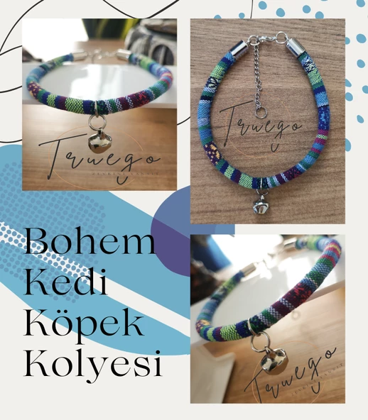 Zilli Kedi Köpek Boyun Tasması Bohem Kedi Kolyesi - Açık Mavi - 2