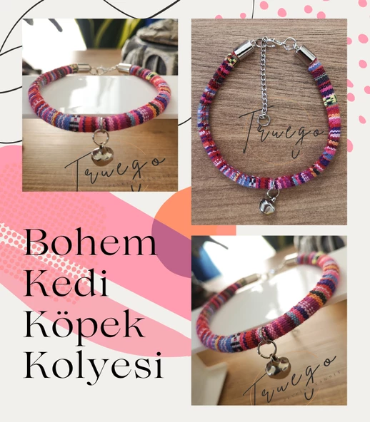 Zilli Kedi Köpek Boyun Tasması Bohem Kedi Kolyesi - Pembe - 2