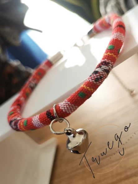 Zilli Kedi Köpek Boyun Tasması Bohem Kedi Kolyesi - Kırmızı - 3