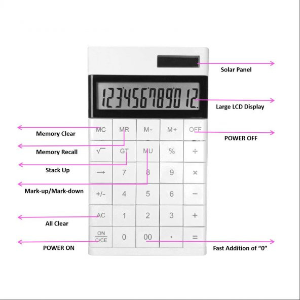 Valkyrie 12 Basamaklı Güneş Enerjili Masaüstü Hesap Makinesi Slim Tasarım Pembe - 7