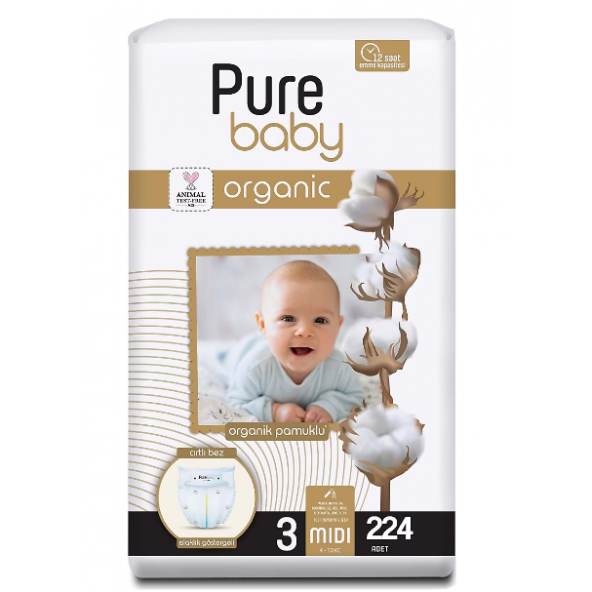 Pure Baby Organic 3 Numara Midi 224'lü Bebek Bezi