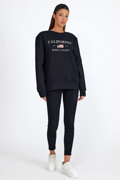 Süperlife Kadın Bisiklet Yaka Rahat Kalıp İçi Polarlı 3 iplik Amerikan Baskılı Swetashırt spr24swk26 - 4