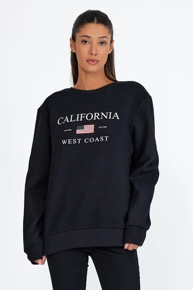 Süperlife Kadın Bisiklet Yaka Rahat Kalıp İçi Polarlı 3 iplik Amerikan Baskılı Swetashırt spr24swk26 - 2