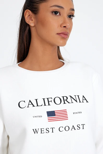 Süperlife Kadın Bisiklet Yaka Rahat Kalıp İçi Polarlı 3 iplik Amerikan Baskılı Swetashırt spr24swk26 - 11