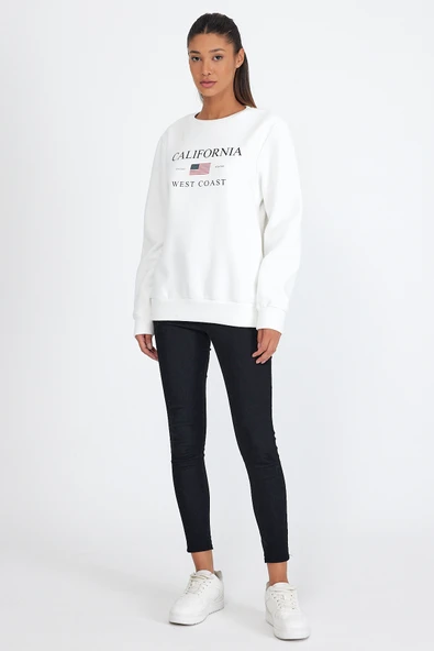 Süperlife Kadın Bisiklet Yaka Rahat Kalıp İçi Polarlı 3 iplik Amerikan Baskılı Swetashırt spr24swk26 - 9