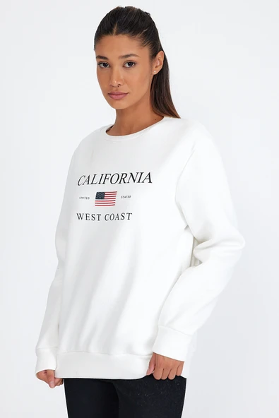 Süperlife Kadın Bisiklet Yaka Rahat Kalıp İçi Polarlı 3 iplik Amerikan Baskılı Swetashırt spr24swk26 - 10