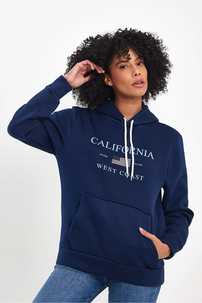 Kadın Kapşonlu Rahat Kalıp İçi Polarlı 3 iplik  Amerikan Baskılı Swetashırt spr24swk01 - Resim 2