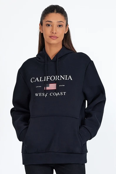 Kadın Kapşonlu Rahat Kalıp İçi Polarlı 3 iplik  Amerikan Baskılı Swetashırt spr24swk01 - Resim 11