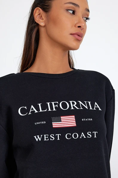 Süperlife Kadın Bisiklet Yaka Rahat Kalıp İçi Polarlı 3 iplik Amerikan Baskılı Swetashırt spr24swk26 - 5