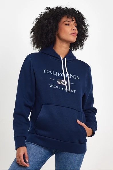 Kadın Kapşonlu Rahat Kalıp İçi Polarlı 3 iplik  Amerikan Baskılı Swetashırt spr24swk01 - Resim 4