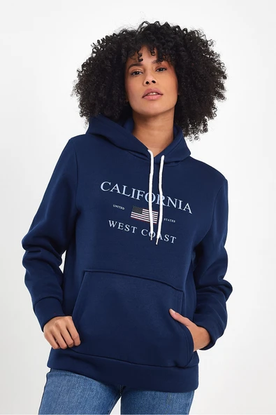 Kadın Kapşonlu Rahat Kalıp İçi Polarlı 3 iplik  Amerikan Baskılı Swetashırt spr24swk01 - Resim 6