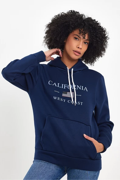 Kadın Kapşonlu Rahat Kalıp İçi Polarlı 3 iplik  Amerikan Baskılı Swetashırt spr24swk01 - Resim 3