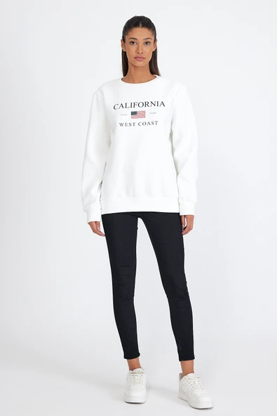 Süperlife Kadın Bisiklet Yaka Rahat Kalıp İçi Polarlı 3 iplik Amerikan Baskılı Swetashırt spr24swk26 - 7