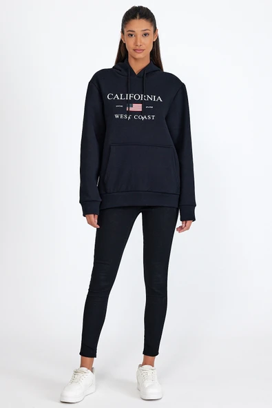 Kadın Kapşonlu Rahat Kalıp İçi Polarlı 3 iplik  Amerikan Baskılı Swetashırt spr24swk01 - Resim 10