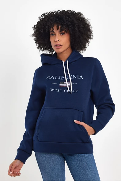 Kadın Kapşonlu Rahat Kalıp İçi Polarlı 3 iplik  Amerikan Baskılı Swetashırt spr24swk01 - Resim 5