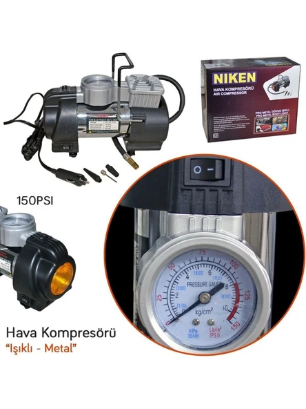 NİKEN Araç lastik hava kompresörü metal 12v 150psi ışıklı NİKEN - 2