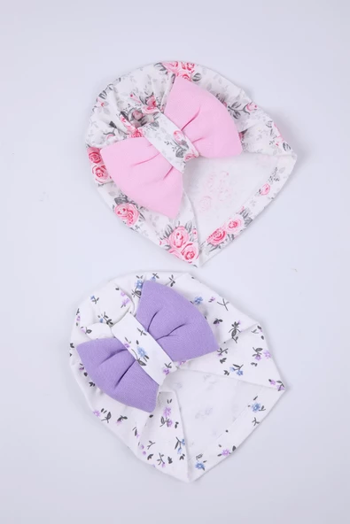 Babyhola Kurdeleli Desenli Bebek Bone Şapka Bere 2'li Set 0-6 ay Hediyelik 1758 - 2