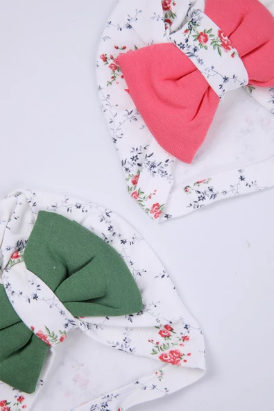 Babyhola Kurdeleli Desenli Bebek Bone Şapka Bere 2'li Set 0-6 ay Hediyelik 1758 - 4