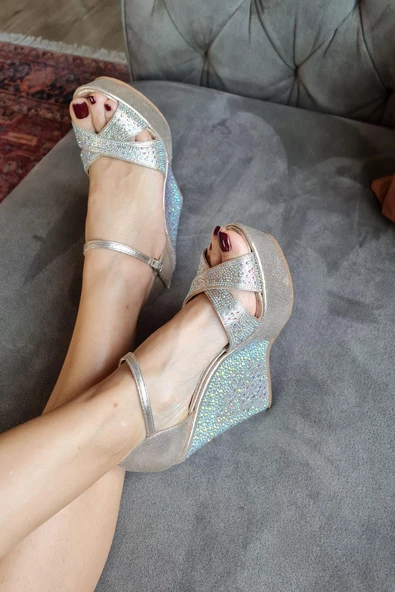 135 7406 Topukla Kadın Dolgu Topuklu Taşlı Abiye Ayakkabı - 2