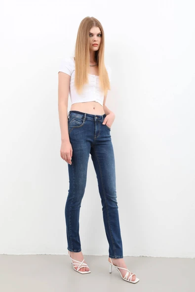 Kadın Likralı Slim Jean Pantolon Mavi - 3