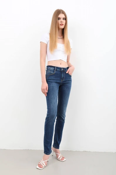 Kadın Likralı Slim Jean Pantolon Mavi - 2