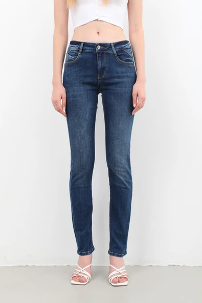 Kadın Likralı Slim Jean Pantolon Mavi - 7