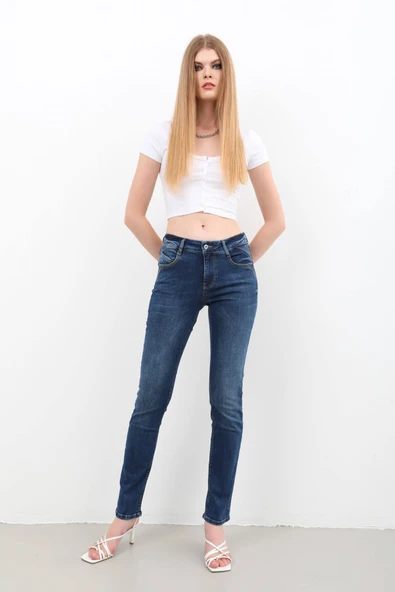 Kadın Likralı Slim Jean Pantolon Mavi - 3