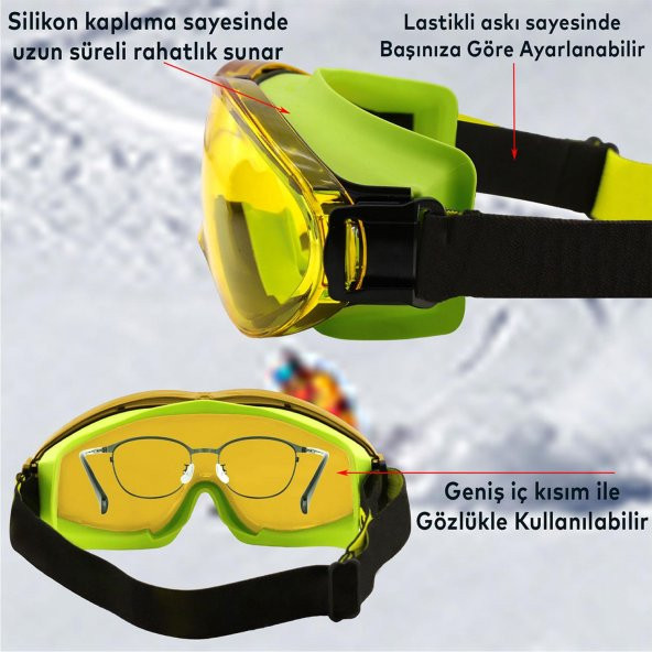 Bellasimo Kayak Gözlüğü Değiştirebilir Camlı Antifog Güneş Kar Gözlük Sarı Snowboard Glasses Gözlük - 3