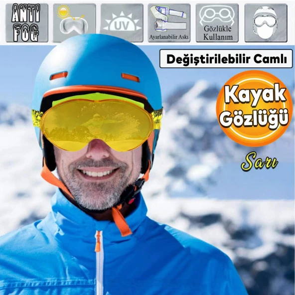 Bellasimo Kayak Gözlüğü Değiştirebilir Camlı Antifog Güneş Kar Gözlük Sarı Snowboard Glasses Gözlük