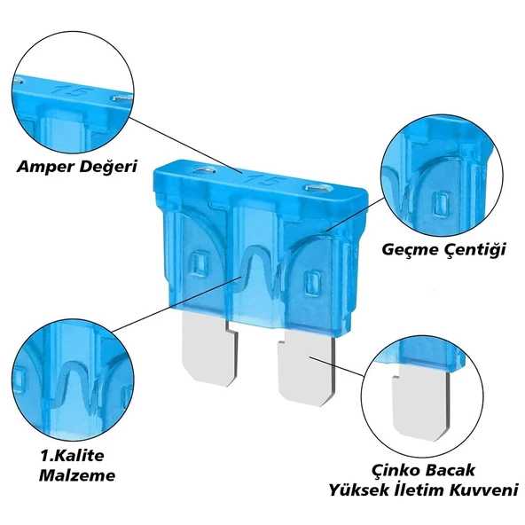 Powermaster 15 Amper Aşırı Yük Ve Kısa Devre Koruma Bıçaklı Oto Sigortası (100Lü Paket) - 3
